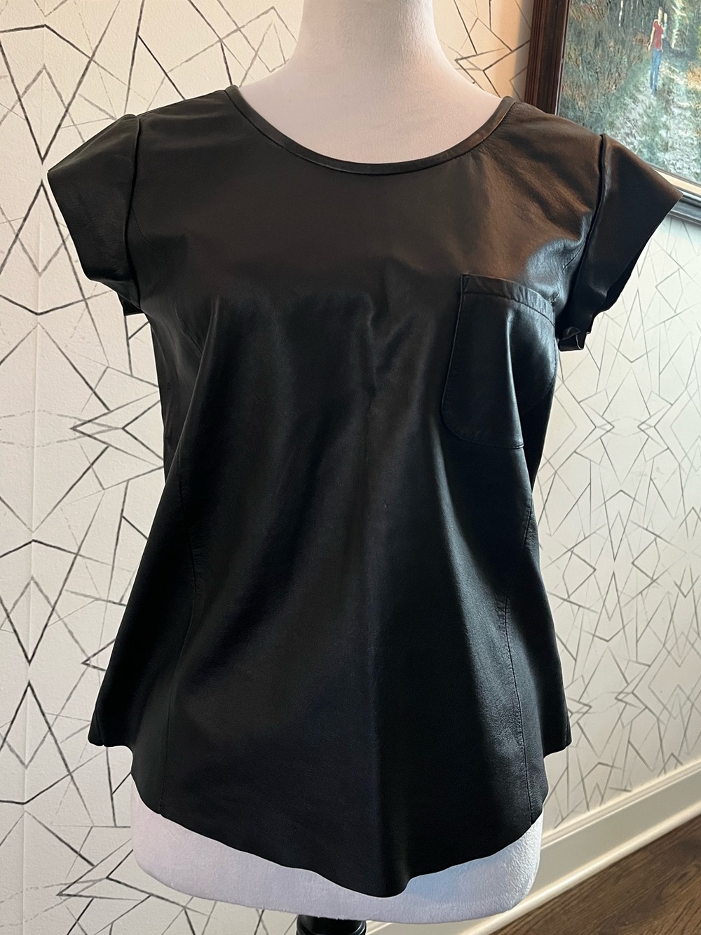 Joie Black Leather Cap-Sleeve Pocket Tee